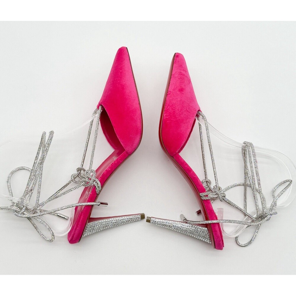 CHRISTIAN LOUBOUTIN Astrid Lace Strass 85 Pink Velvet Pumps Ankle Tie EU 39 US 9 - Picture 6 of 13